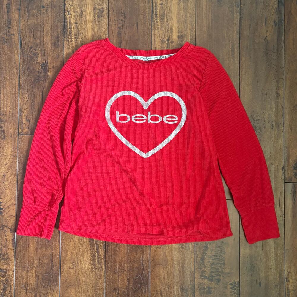 Y2K Bebe Longsleeve Top Womens M Red Heart 2000s Graphic Waffle Knit Pullover